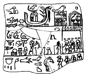 The tablet of Naqada. Top row to the right: Horus Name and Nebti Name of king Aha with a sign interpreted as Men in a booth like structure.
